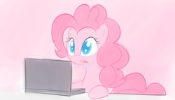 Size: 575x330 | Tagged: artist needed, source needed, safe, pinkie pie, computer, drool, female, laptop computer, reaction image, solo, stare