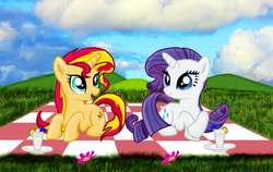 Size: 1597x1008 | Tagged: safe, artist:majkashinoda626, rarity, sunset shimmer, pony, unicorn, g4, picnic