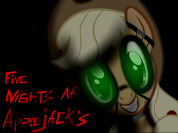 Size: 2048x1536 | Tagged: safe, applejack, pony, robot, robot pony, five nights at aj's, g4, animatronic, applefreddy, eyes glowing, female, five nights at freddy's, poster, smiling, solo, wallpaper