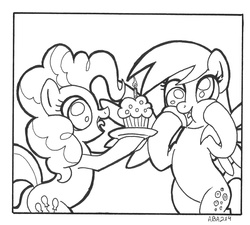 Size: 1033x929 | Tagged: safe, artist:abronyaccount, derpy hooves, pinkie pie, pegasus, pony, g4, candle, female, mare, monochrome, muffin, squishy cheeks