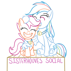 Size: 800x800 | Tagged: safe, artist:wryte, rainbow dash, scootaloo, g4, sisterhooves social, best sisters, hilarious in hindsight, hug, lineart, medal, newbie artist training grounds, noogie, scootalove, smiling, winghug