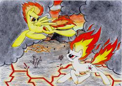 Size: 3500x2477 | Tagged: safe, artist:white-pear, spitfire, twilight sparkle, fire pony, rapidash, g4, fire, high res, mane of fire, race, rapidash twilight, spitfiery, traditional art, volcano