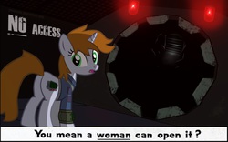 Size: 1023x637 | Tagged: safe, oc, oc only, oc:littlepip, pony, unicorn, fallout equestria, clothes, door, fanfic, fanfic art, female, hooves, horn, jumpsuit, looking back, mare, obscure joke, open mouth, pipbuck, sexism, show accurate, solo, stable (vault), stable 2, stable door, vault, vault suit
