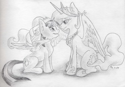 Size: 2493x1745 | Tagged: safe, artist:bubblyblackbird, princess celestia, twilight sparkle, alicorn, pony, g4, eye contact, female, hug, mare, monochrome, sitting, sketch, smiling, traditional art, twilight sparkle (alicorn), winghug