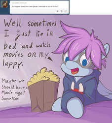 Size: 1280x1410 | Tagged: safe, artist:crombiettw, oc, oc only, oc:goggles, ask, askgoggles, bed, clothes, goggles, hoodie, male, popcorn, solo, tumblr