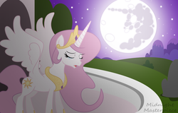 Size: 2000x1282 | Tagged: safe, artist:midnight-masterpiece, princess celestia, g4, crying, female, implied princess luna, mare in the moon, moon, pink-mane celestia, solo, younger