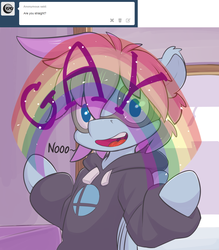Size: 1280x1464 | Tagged: safe, artist:crombiettw, oc, oc only, oc:goggles, pegasus, semi-anthro, ask, clothes, dialogue, goggles, hoodie, idiot box, imagination, looking at you, male, open mouth, rainbow, smiling, solo, spongebob squarepants, tumblr