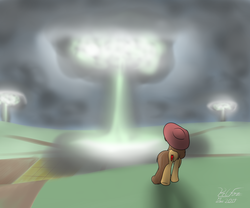 Size: 3600x3000 | Tagged: safe, artist:the-furry-railfan, oc, oc only, oc:vera lynn, earth pony, pony, fallout equestria, fallout equestria: empty quiver, balefire bomb, dirt road, explosion, fanfic, fanfic art, farm, female, hat, high res, hooves, mare, megaspell, megaspell explosion, mushroom cloud, nuclear explosion, solo, sun hat, wheat field, wtf boom!