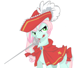 Size: 1024x939 | Tagged: safe, artist:parfywarfy, oc, oc only, oc:parfait, earth pony, pony, >:), bow, cape, clothes, facial freckles, feathered hat, female, freckles, hair bow, hat, mare, mouth hold, musketeer, rapier, red cape, red hat, simple background, solo, sword, tail, tail bow, transparent background, two toned mane, two toned tail