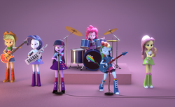 Size: 1376x840 | Tagged: safe, artist:creatorofpony, applejack, fluttershy, pinkie pie, rainbow dash, rarity, twilight sparkle, equestria girls, g4, 3d, awesome as i wanna be, awesome as i want to be, band, bass guitar, boots, clothes, cowboy boots, drums, guitar, guitar solo, humane six, keytar, mane six, microphone, musical instrument, rainbow socks, shoes, socks, striped socks, tambourine, the rainbooms, twilight sparkle (alicorn)