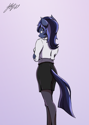 Size: 1447x2046 | Tagged: safe, artist:lovelyneckbeard, oc, oc only, oc:shadow whistle, anthro, anthro oc, clothes, looking back, skirt, solo, stockings