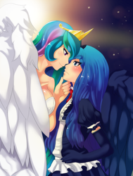Size: 1306x1732 | Tagged: safe, artist:freedomthai, princess celestia, princess luna, human, g4, bedroom eyes, blushing, chin up, clothes, dress, evening gloves, eye contact, female, frown, glare, humanized, incest, lesbian, looking at each other, s1 luna, ship:princest, shipping, smiling, winged humanization