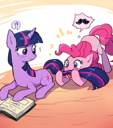Size: 455x513 | Tagged: safe, artist:baekgup, pinkie pie, twilight sparkle, earth pony, pony, unicorn, g4, blushing, book, confused, exclamation point, frown, happy, interrobang, moustache, prone, question mark, reading, shocked, tail, unicorn twilight