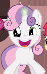 Size: 416x644 | Tagged: safe, screencap, sweetie belle, pony, unicorn, g4, one bad apple, cropped, cute, diasweetes, female, filly, happy, horn, horngasm, magic, open mouth, solo focus, sparking horn, sweetie belle's magic brings a great big smile