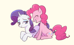 Size: 568x345 | Tagged: safe, artist:baekgup, pinkie pie, rarity, pony, g4, eyes closed, female, laughing, lesbian, prone, ship:raripie, shipping, smiling