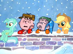 Size: 262x192 | Tagged: safe, artist:wicklesi, applejack, lyra heartstrings, earth pony, human, pony, unicorn, g4, a charlie brown christmas, charlie brown, linus van pelt, peanuts, sitting lyra, snow, snowfall