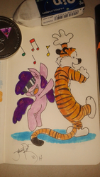 Size: 1440x2560 | Tagged: safe, artist:jorobro, berry punch, berryshine, g4, calvin and hobbes, crossover, dancing, duo, music, sunglasses, traditional art