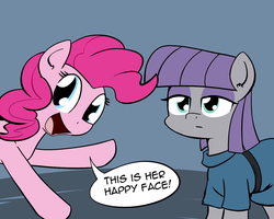 Size: 1280x1025 | Tagged: safe, artist:whatsapokemon, maud pie, pinkie pie, earth pony, pony, g4, clothes, cute, dialogue, duo, ear fluff, emotion, female, happy, looking at you, mare, open mouth, sisters, speech bubble