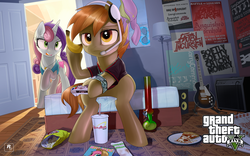 Size: 2880x1800 | Tagged: safe, artist:supermare, button mash, sweetie belle, earth pony, pony, unicorn, g4, banana, bananaphone, bong, chips, clothes, controller, crossover, female, food, gamer, grand theft auto, gta v, guitar, headphones, headset, hoof hold, implied drug use, implied middle finger, jimmy de santa, male, mare, older, pizza, raised hoof, shirt, sitting, stallion, tracey de santa, watch, xbox 360, xbox 360 controller