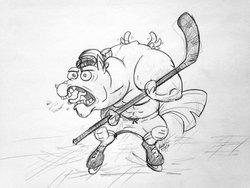 Size: 600x450 | Tagged: safe, artist:zene, bulk biceps, g4, hockey, hockey stick, ice skates, monochrome, skates, sketch, traditional art, yeah