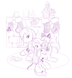 Size: 1100x1188 | Tagged: safe, artist:dstears, apple bloom, applejack, big macintosh, earth pony, pony, g4, apple family, christmas stocking, fireplace, gingerbread house, hot chocolate, male, monochrome, newbie artist training grounds, sketch, stallion, wreath