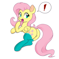 Size: 2000x2009 | Tagged: safe, artist:hidden-cat, fluttershy, pegasus, pony, g4, butt, clothes, cute little fangs, exclamation point, fangs, female, flutterbutt, frilly, high res, mare, open mouth, plot, simple background, socks, solo, transparent background