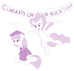 Size: 1100x1054 | Tagged: safe, artist:dstears, maud pie, pinkie pie, g4, banner, graduation, jumping, monochrome, newbie artist training grounds, rocktorate, sitting, sketch, streamers, we couldn't fit it all in, welcome princess celest