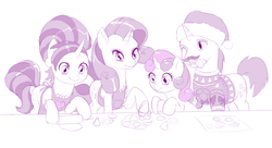 Size: 1280x695 | Tagged: safe, artist:dstears, cookie crumbles, hondo flanks, rarity, sweetie belle, g4, apron, baking, christmas sweater, clothes, cookie, cookie cutter, family, hat, monochrome, newbie artist training grounds, rarity's parents, rolling pin, santa hat, ship:cookieflanks, sketch, sweater