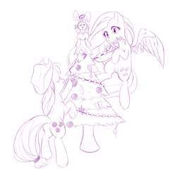 Size: 1000x1020 | Tagged: safe, artist:dstears, angel bunny, applejack, fluttershy, g4, christmas tree, decorating, decoration, monochrome, mouth hold, newbie artist training grounds, popcorn, sketch, tree