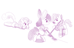 Size: 1100x715 | Tagged: safe, artist:dstears, apple bloom, scootaloo, sweetie belle, earth pony, pegasus, pony, unicorn, g4, broom, curling, cutie mark crusaders, female, filly, missing accessory, missing wing, monochrome, mouth hold, newbie artist training grounds, purple, sketch, sports, sweeping, trio, winter sport