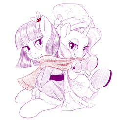 Size: 1180x1168 | Tagged: safe, artist:dstears, maud pie, trixie, pony, unicorn, g4, bedroom eyes, clothes, female, flower, flower in hair, hat, holly, lesbian, looking at you, mare, newbie artist training grounds, santa hat, scarf, shared clothing, shared scarf, ship:mauxie, shipping, sketch