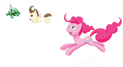 Size: 1100x604 | Tagged: safe, artist:dstears, pinkie pie, pound cake, tank, g4, flying, newbie artist training grounds, open mouth, running, simple background, white background