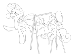Size: 1000x748 | Tagged: safe, artist:dstears, rarity, sweetie belle, g4, beret, drawing, monochrome, nervous, newbie artist training grounds, pose, shaking, sisters, sketch, sweatdrop