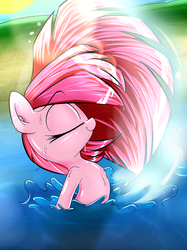 Size: 670x896 | Tagged: safe, artist:madacon, edit, pinkie pie, earth pony, pony, g4, beach, cropped, ear fluff, eyes closed, female, mare, shiny, smiling, solo, splash, swimming, wet, wet mane
