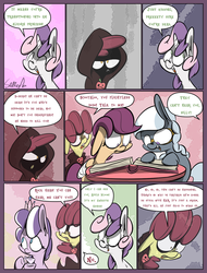 Size: 1235x1625 | Tagged: safe, artist:slitherpon, apple bloom, diamond tiara, scootaloo, sweetie belle, earth pony, ghost, pony, unicorn, moody mark crusaders, g4, alternate universe, comic, cutie mark crusaders, female, filly, foal