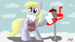 Size: 1280x720 | Tagged: safe, artist:jbond, derpy hooves, pegasus, pony, g4, bag, butt, cloud, cloudy, envelope, female, letter, looking back, mail, mailbag, mailbox, mailmare, mailpony, mare, mouth hold, plot, postmare, signature, solo, underp, working