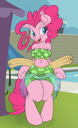 Size: 488x800 | Tagged: safe, artist:dfectivedvice, pinkie pie, earth pony, anthro, unguligrade anthro, g4, adorasexy, arm hooves, belly, belly button, bikini, breasts, clothes, colored sketch, cute, diapinkes, ear fluff, female, mare, open mouth, pool noodle, pool toy, sexy, smiling, solo, swimsuit