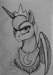 Size: 923x1317 | Tagged: safe, artist:zeuzeubee, princess luna, g4, female, fluffy, frown, glare, grayscale, grumpy, looking at you, monochrome, portrait, solo, spread wings, traditional art, unamused
