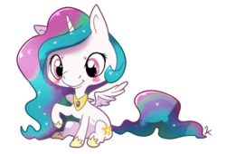 Size: 500x340 | Tagged: safe, artist:kuschelig, princess celestia, alicorn, pony, g4, blushing, cewestia, chibi, cute, female, filly, hoof shoes, peytral, raised hoof, simple background, sitting, smiling, solo, spread wings, transparent background, wings