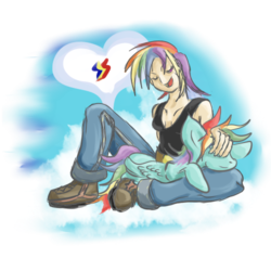 Size: 500x500 | Tagged: safe, artist:creudence, rainbow dash, human, g4, cloud, duo, human ponidox, humanized, simple background, transparent background