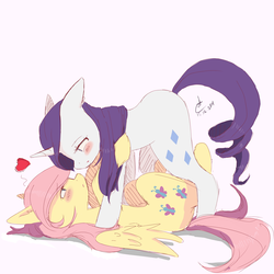 Size: 3000x3000 | Tagged: safe, artist:alina1222, fluttershy, rarity, g4, blushing, eye contact, female, floppy ears, heart, high res, lesbian, on back, pinned, ship:flarity, shipping, simple background, yukadon