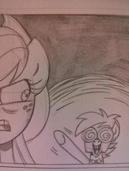 Size: 768x1024 | Tagged: safe, artist:brenda hickey, idw, applejack, tadwell, friends forever #15, g4, my little pony: friends forever, spoiler:comic, female, glasses, male, monochrome, swirly glasses, traditional art, wip