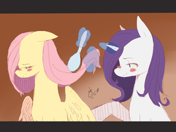 Size: 4000x3000 | Tagged: safe, artist:alina1222, fluttershy, rarity, g4, blushing, brushing, female, floppy ears, lesbian, magic, ship:flarity, shipping