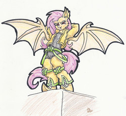 Size: 2010x1853 | Tagged: safe, artist:sensko, fluttershy, anthro, g4, crossover, dio brando, female, flutterbat, jojo's bizarre adventure, looking down, pencil drawing, solo, traditional art