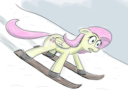 Size: 2048x1536 | Tagged: safe, artist:werdkcub, fluttershy, g4, female, gritted teeth, skiing, solo, wide eyes