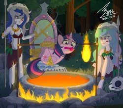 Size: 1500x1318 | Tagged: safe, artist:bluse, princess celestia, princess luna, principal celestia, twilight sparkle, vice principal luna, human, pony, unicorn, equestria girls, g4, abuse, alternate universe, barbarian, belly button, bondage, bra, bracelet, butt, clothes, cooked alive, cooking, female, hogtied, humans eating ponies, imminent death, imminent vore, literal spitroast, midriff, peril, person as food, plot, rope, show accurate, skirt, skull, this will end in tears and/or death, tribal, twilight sparkle (alicorn), twilybuse, underwear