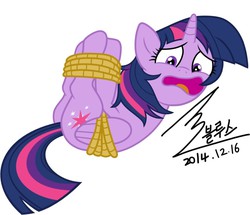 Size: 900x775 | Tagged: safe, artist:bluse, twilight sparkle, alicorn, pony, g4, background removed, bondage, female, hogtied, mare, rope, show accurate, signature, simple background, solo, twilight sparkle (alicorn), white background