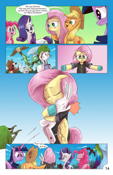 Size: 1393x2167 | Tagged: safe, artist:saturdaymorningproj, angel bunny, applejack, fluttershy, gummy, opalescence, owlowiscious, pinkie pie, rainbow dash, rarity, tank, twilight sparkle, winona, earth pony, pegasus, pony, unicorn, comic:angelic flutterboom, g4, blushing, bunny ears, clothes, comic, cowboy hat, dangerous mission outfit, eyes closed, female, hat, helmet, hoodie, mane six, mare, one eye closed, open mouth, stetson