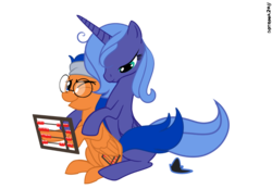 Size: 1061x739 | Tagged: dead source, safe, artist:dotrook, princess luna, oc, oc:abacus, g4, abacus, canon x oc, glasses, s1 luna, simple background