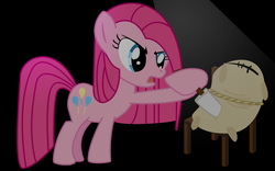 Size: 1280x800 | Tagged: safe, artist:takaishi, madame leflour, pinkie pie, g4, chair, female, knife, pinkamena diane pie, rope, solo